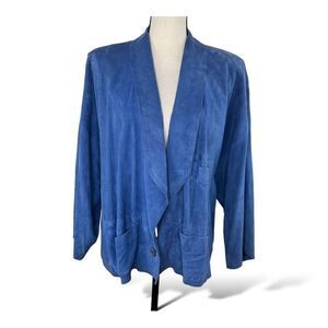 Valentino Vintage Blue Suede Oversized Blazer Jacket Shawl Collar One Button Lg